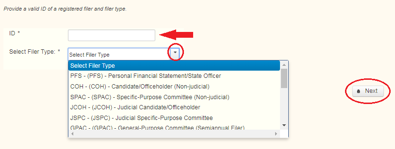 Screenshot showing first step for resetting your filing password