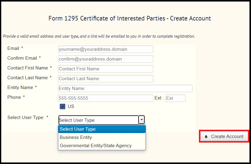 Screenshot showing Filing screen where you create an account