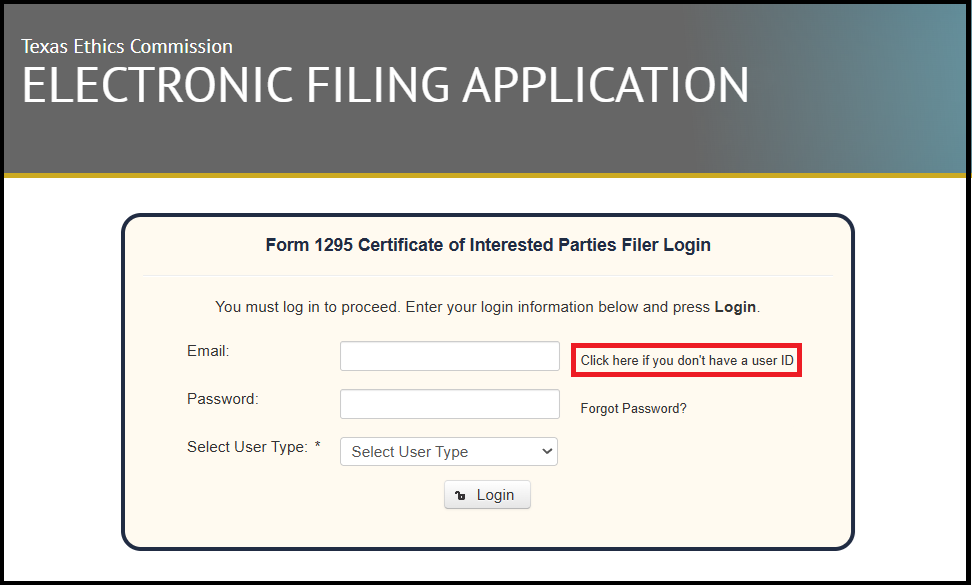 Screenshot of Filing screen, showing where you click if you don't have a user ID