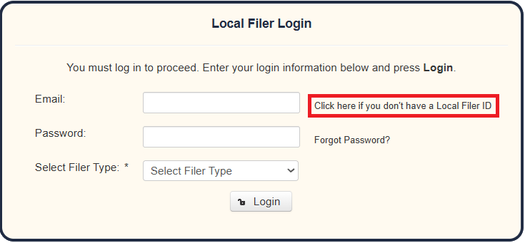 Screenshot showing where to click if you do not have a Local Filing App filer ID