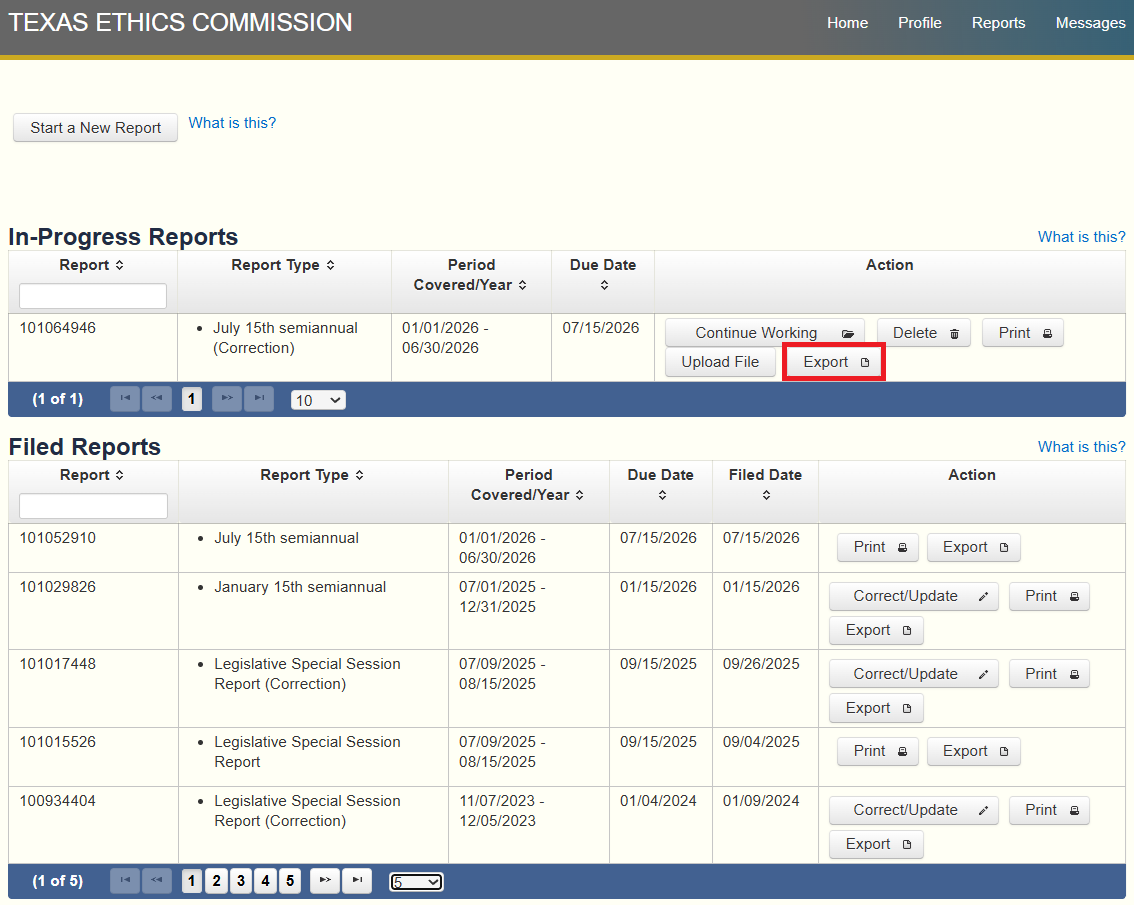 Screenshot showing where to export transactions from a report