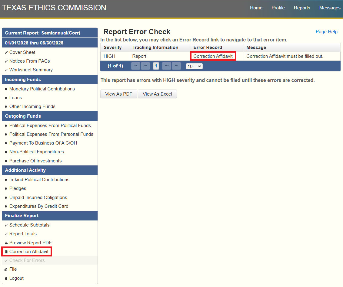 Screenshot showing where to find the correction affidavit in the left side menu of an in-progress corrected report